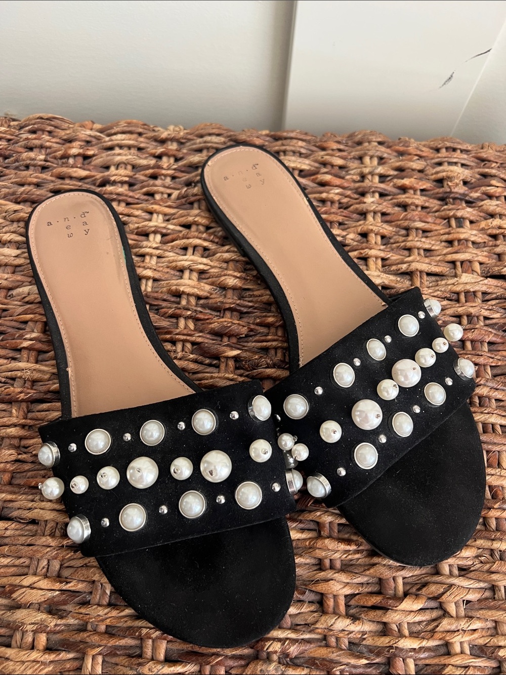 a new day Black Pearl-Embellished Slide Mules